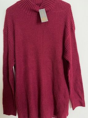 Daisy Fuentes Mock Neck Soft Tunic Sweater - Deep Berry/Burgundy